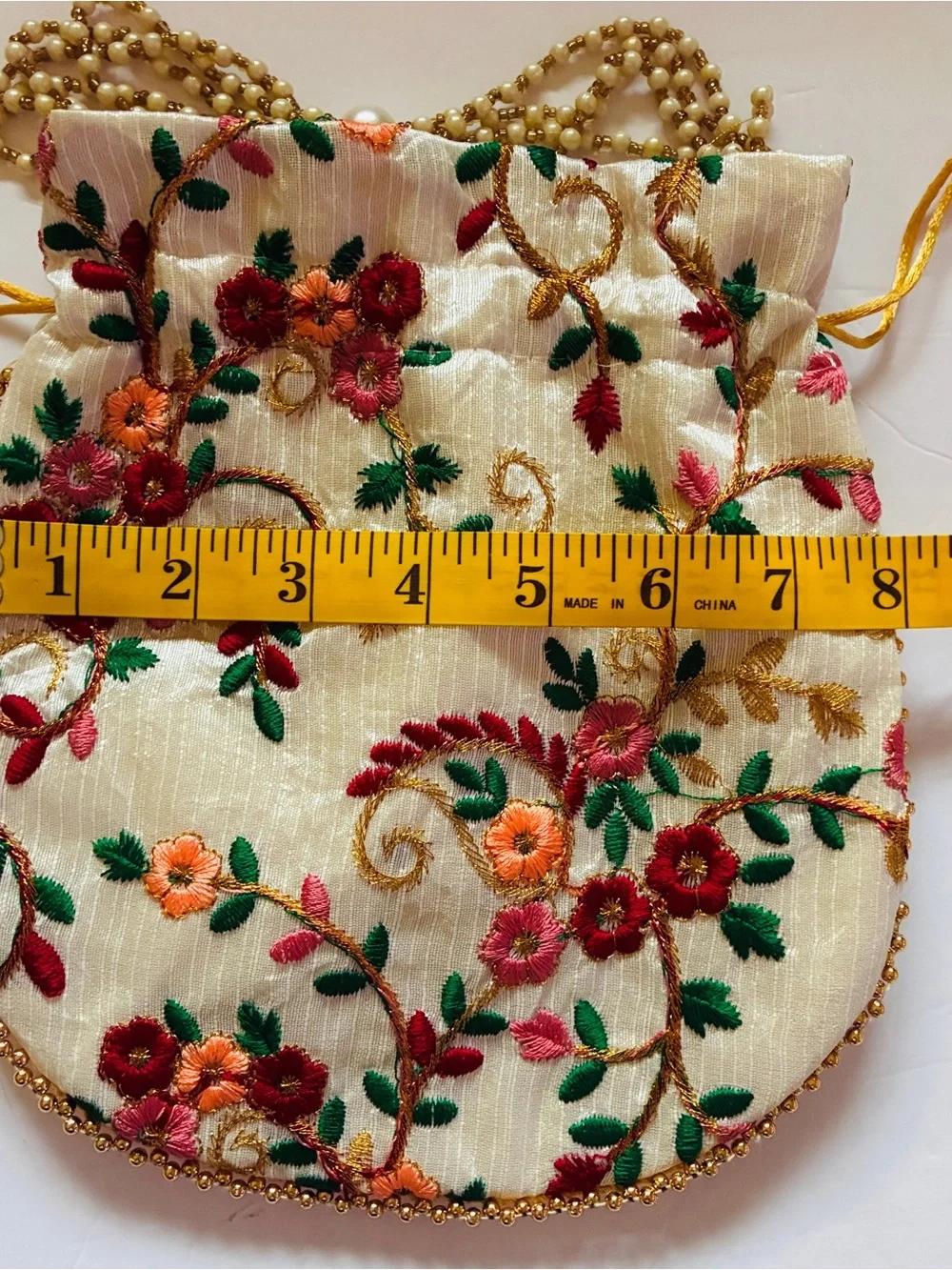 Embroidered Cream Floral Beaded Handle Women's Evening Bag